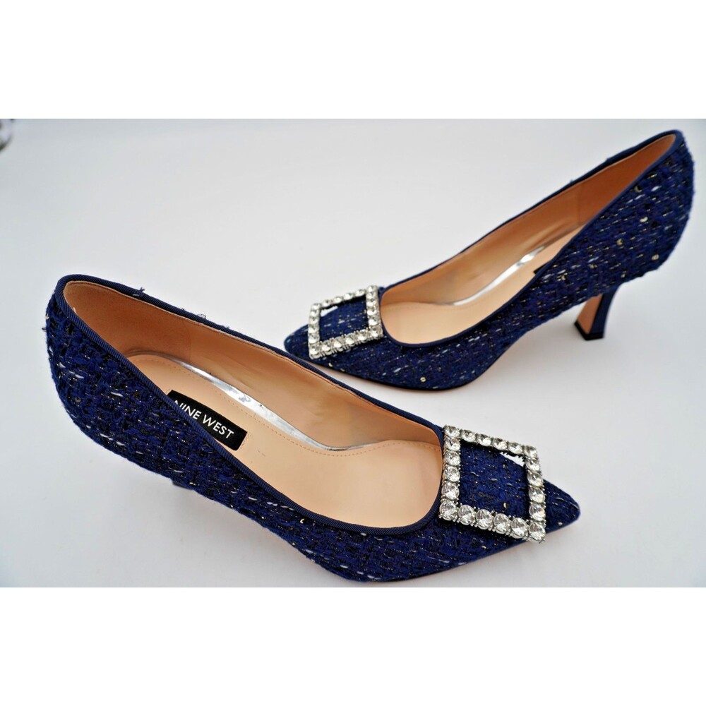 Nine West Womens Sz 7M Jaquee Dark Blue Tweed Embellished Buckle Toe Dress Pumps - Picture 4 of 11